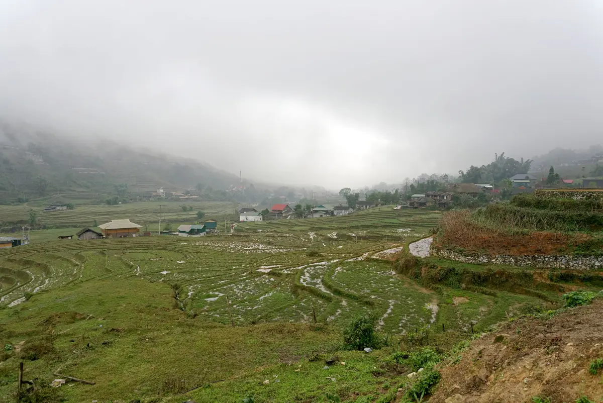 Reisfelder in Lao Chai unter tiefen Wolken